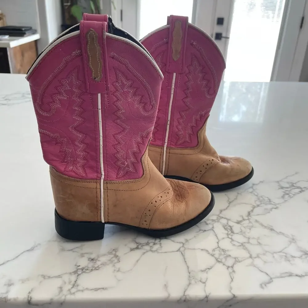 Old West Cowgirl Western Boots Fancy Round Toe Pink Leather Uppers sz 11-12
